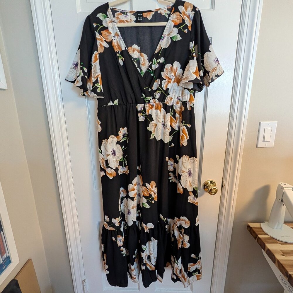 Shein Black Floral Wrap Maxi Dress — Flutter Sleeves, Deep V-Neck, Size 2XL